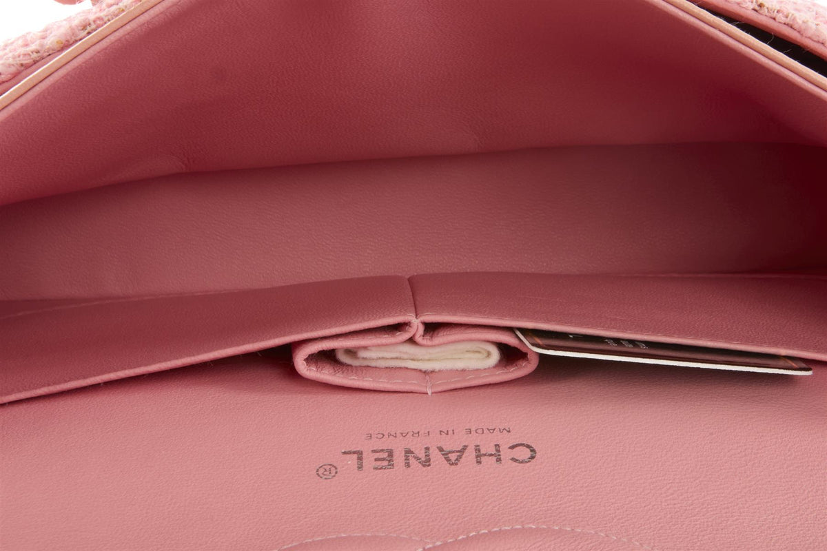 CHANEL PINK 2003-2004 CLASSIC DOUBLE FLAP MEDIUM TWEED SHOULDER BAG