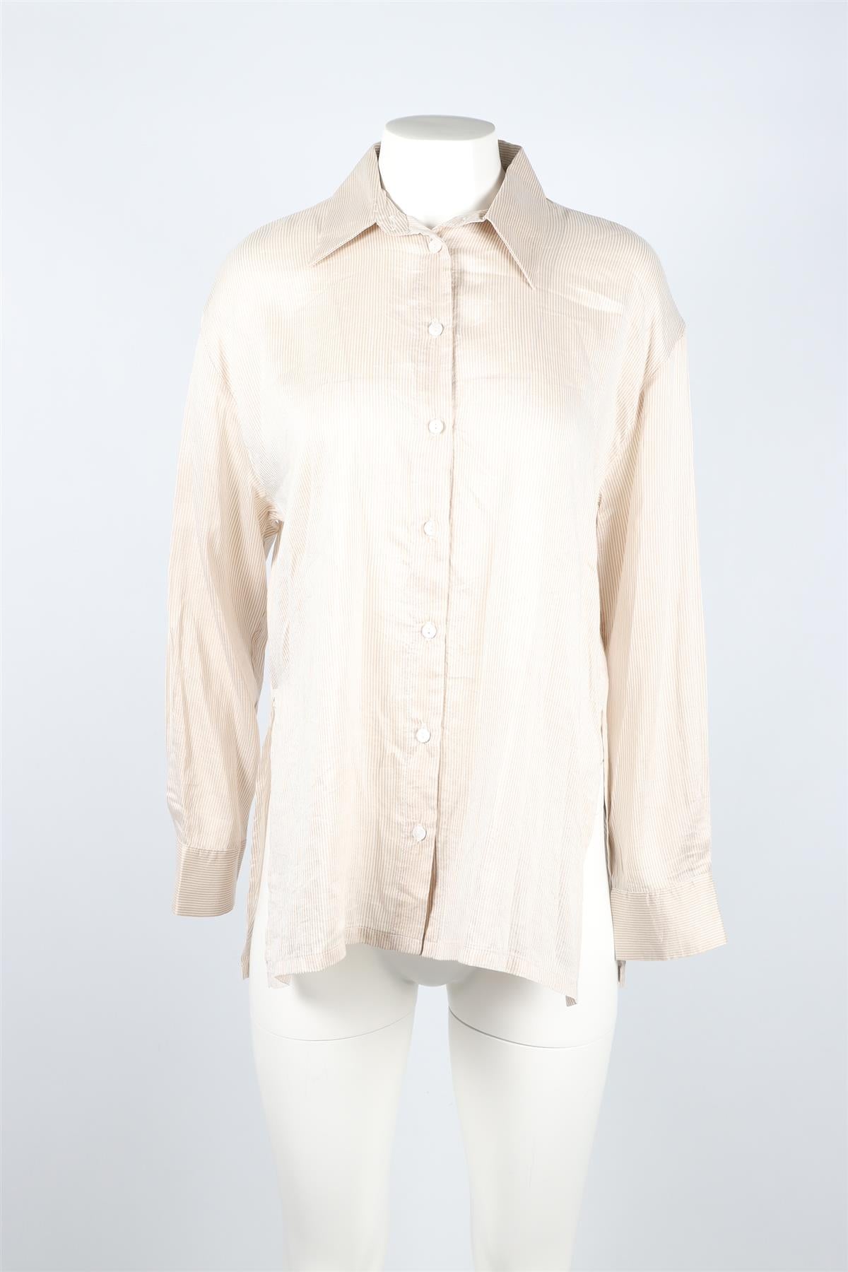 ENZA COSTA BEIGE AND WHITE SILK BLEND SHIRT SMALL