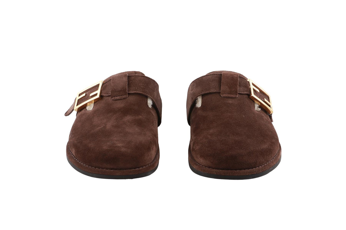 FENDI BROWN FEEL SHEARLING AND SUEDE MULES EU 38 UK 5 US 8