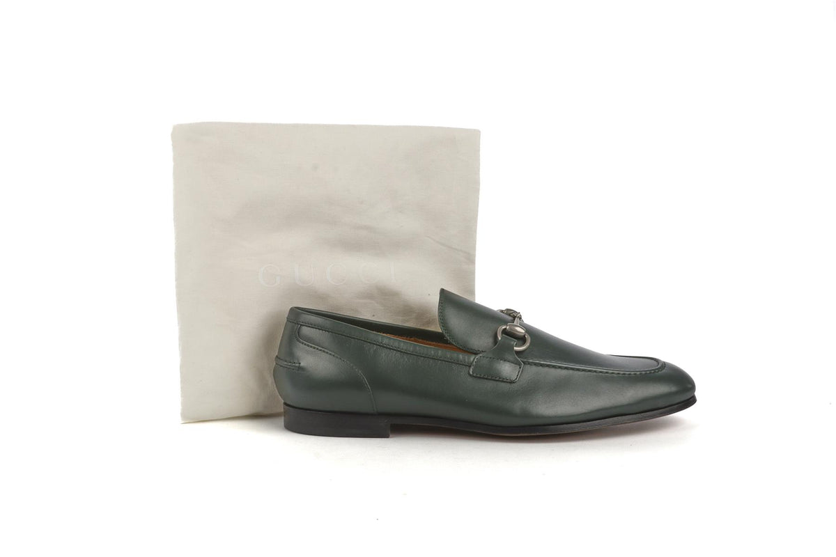 GUCCI GREEN MENS JORDAANS LEATHER LOAFERS EU 42 UK 8 US 9