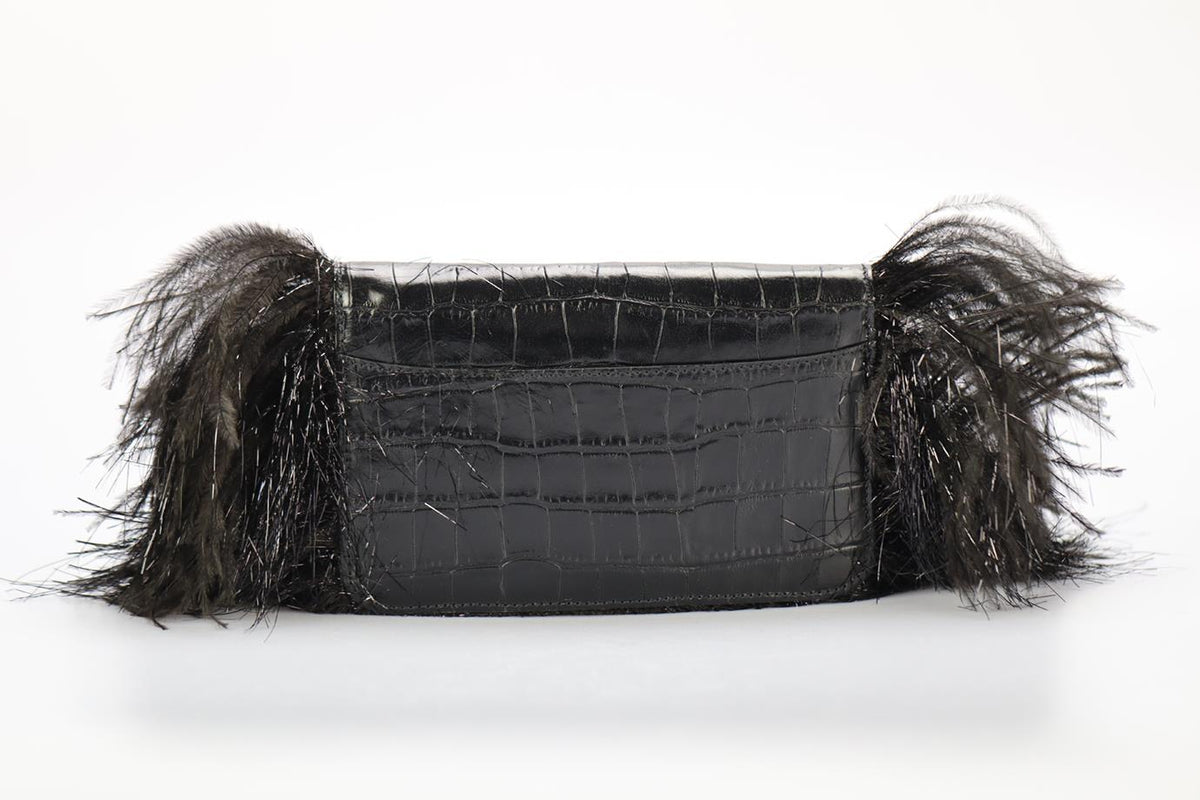 SONIA RYKIEL FEATHER TRIMMED CROC EFFECT LEATHER CLUTCH