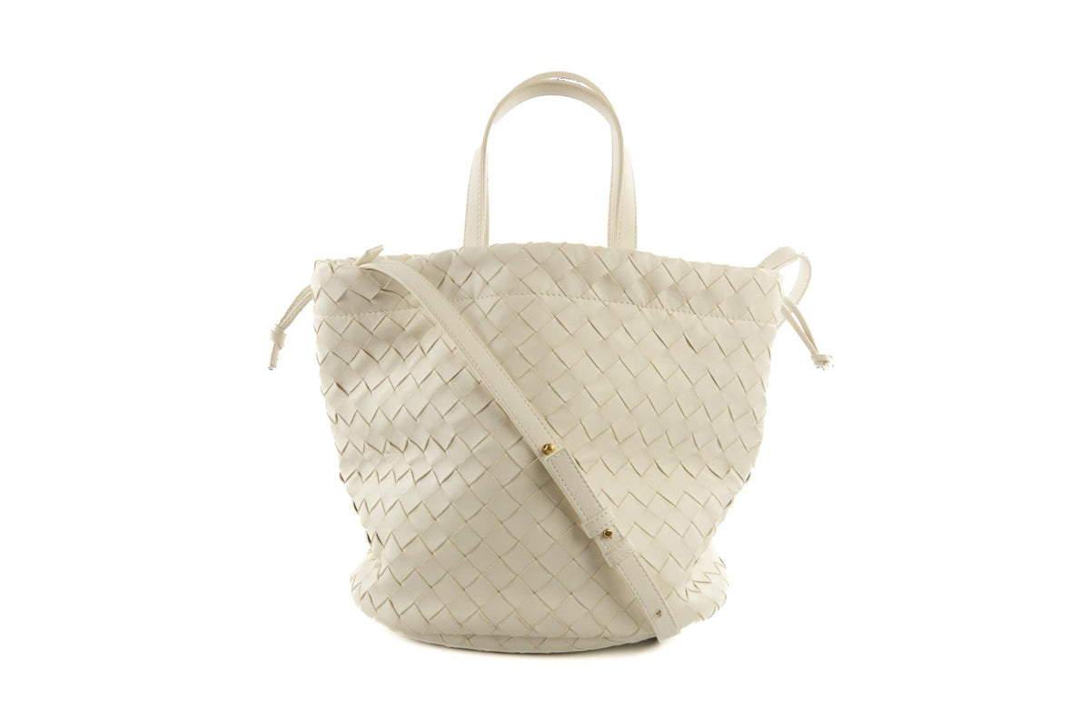 BOTTEGA VENETA WHITE CASTELLO INTRECCIATO LEATHER BUCKET BAG