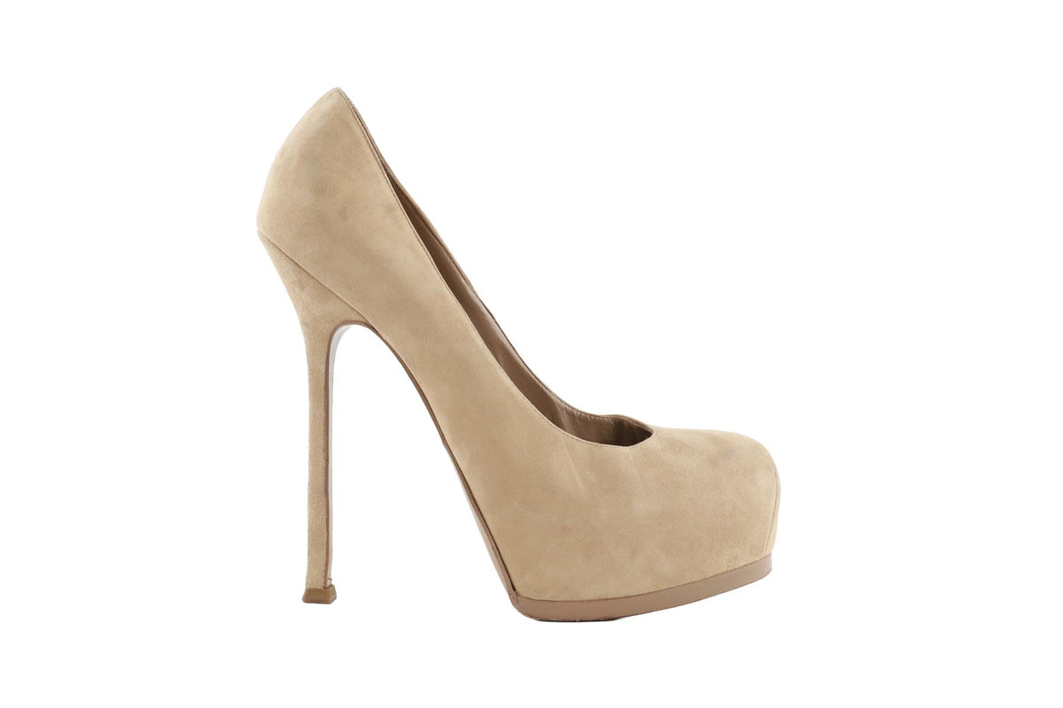 YVES SAINT LAURENT BEIGE SUEDE PLATFORM PUMPS EU 38 UK 5 US 8