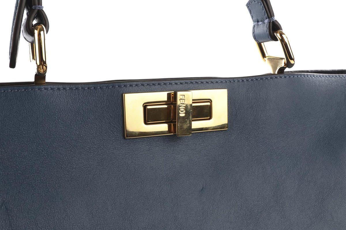 FENDI BLUE PEEKABOO SOFT LARGE LEATHER TOTE BAG