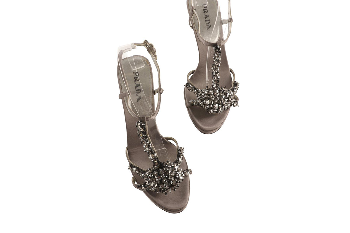 PRADA GREY VINTAGE SATIN SANDALS EU 38 UK 5 US 8