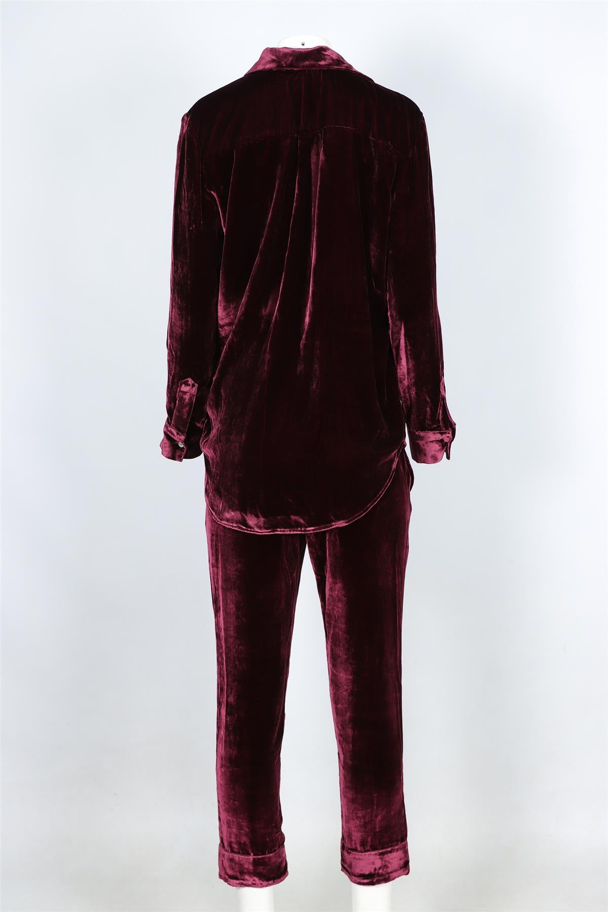 ASCENO BURGUNDY VELVET SHIRT AND TROUSERS SET XSMALL