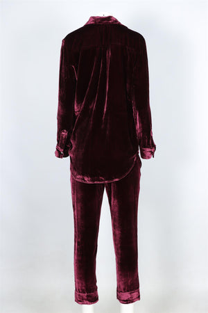 ASCENO BURGUNDY VELVET SHIRT AND TROUSERS SET XSMALL