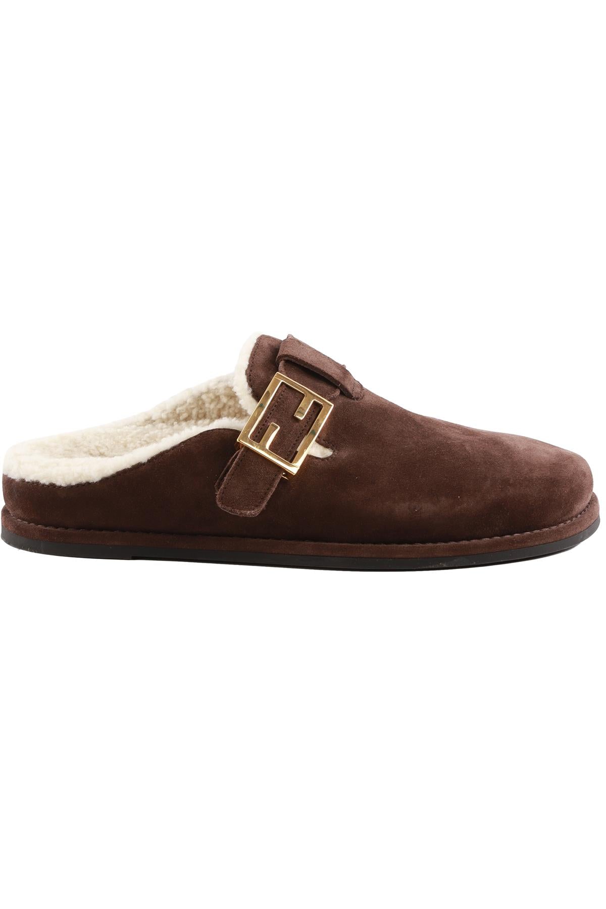 FENDI BROWN FEEL SHEARLING AND SUEDE MULES EU 38 UK 5 US 8