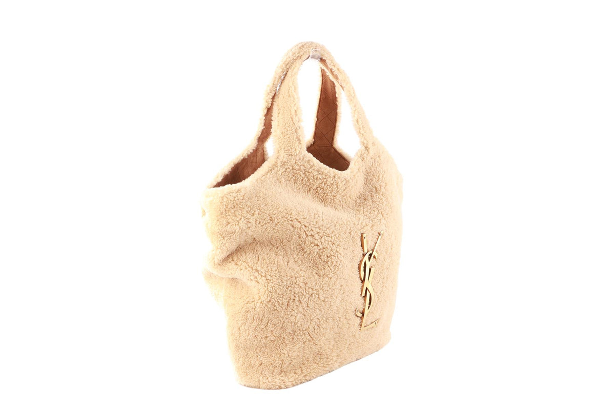 SAINT LAURENT BEIGE ICARE MAXI SHEARLING TOTE BAG