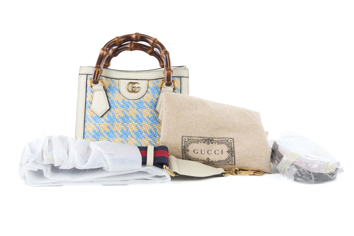 GUCCI BLUE DIANA MINI RAFFIA TOTE BAG