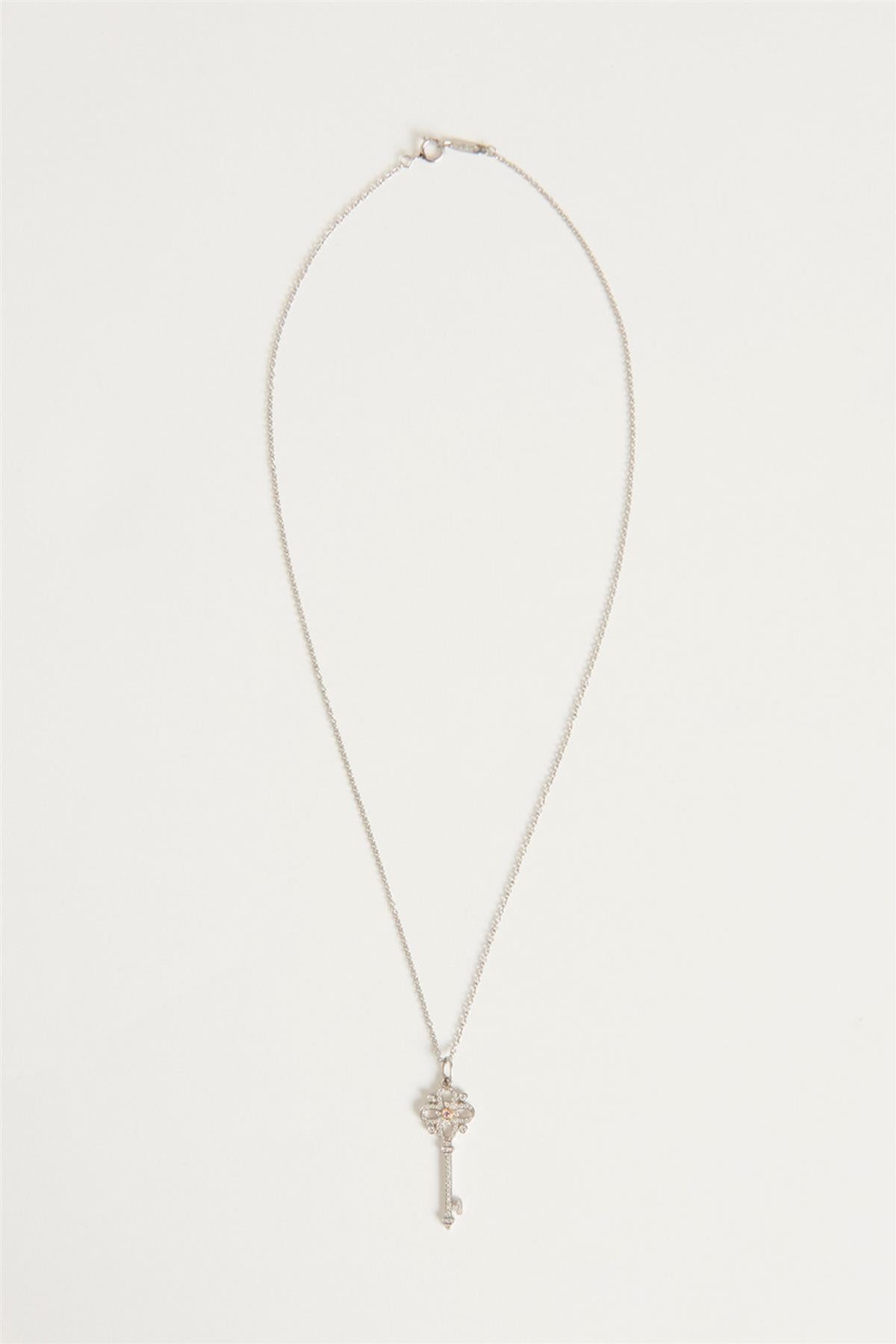 TIFFANY & CO. SILVER PLATINUM WHITE & PINK DIAMOND FLORET KEY NECKLACE