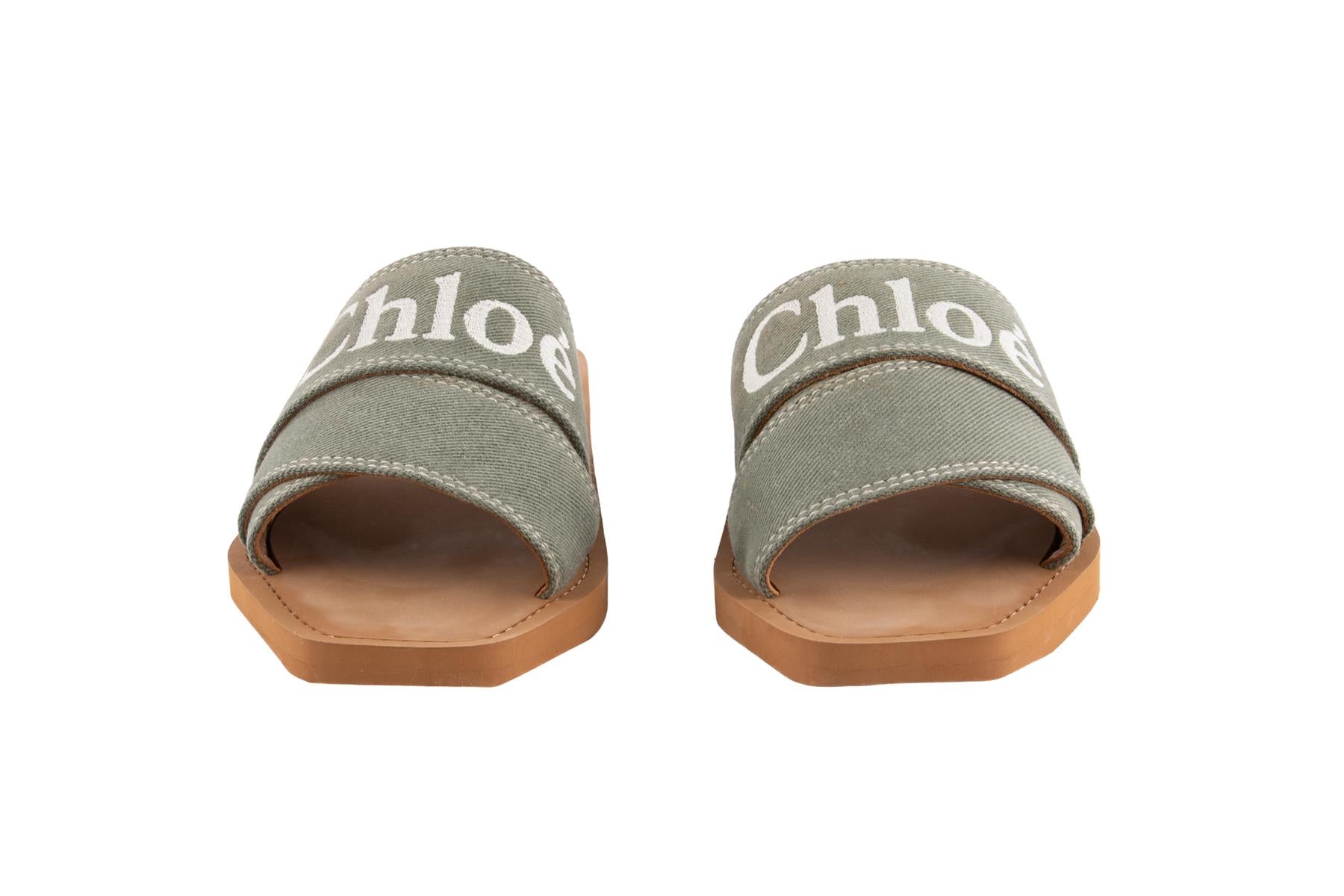 CHLOÉ GREEN WOODY CANVAS SANDALS EU 37