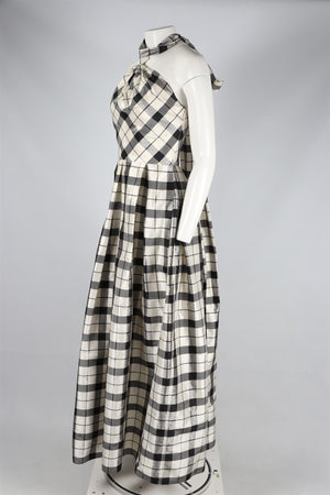 CH CAROLINA HERRERA BLACK AND WHITE CHECKED TAFFETA MAXI DRESS US 0 UK 4