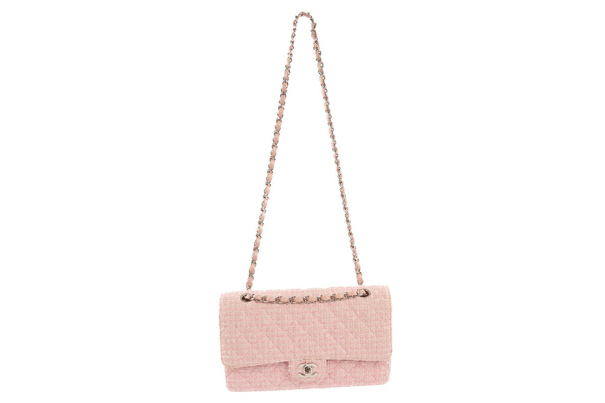 CHANEL PINK 2003-2004 CLASSIC DOUBLE FLAP MEDIUM TWEED SHOULDER BAG