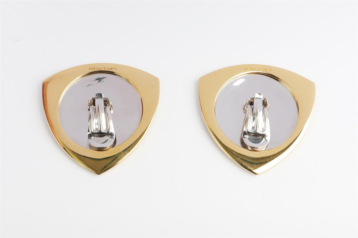 SAINT LAURENT GOLD SHIELD BRASS CLIP EARRINGS