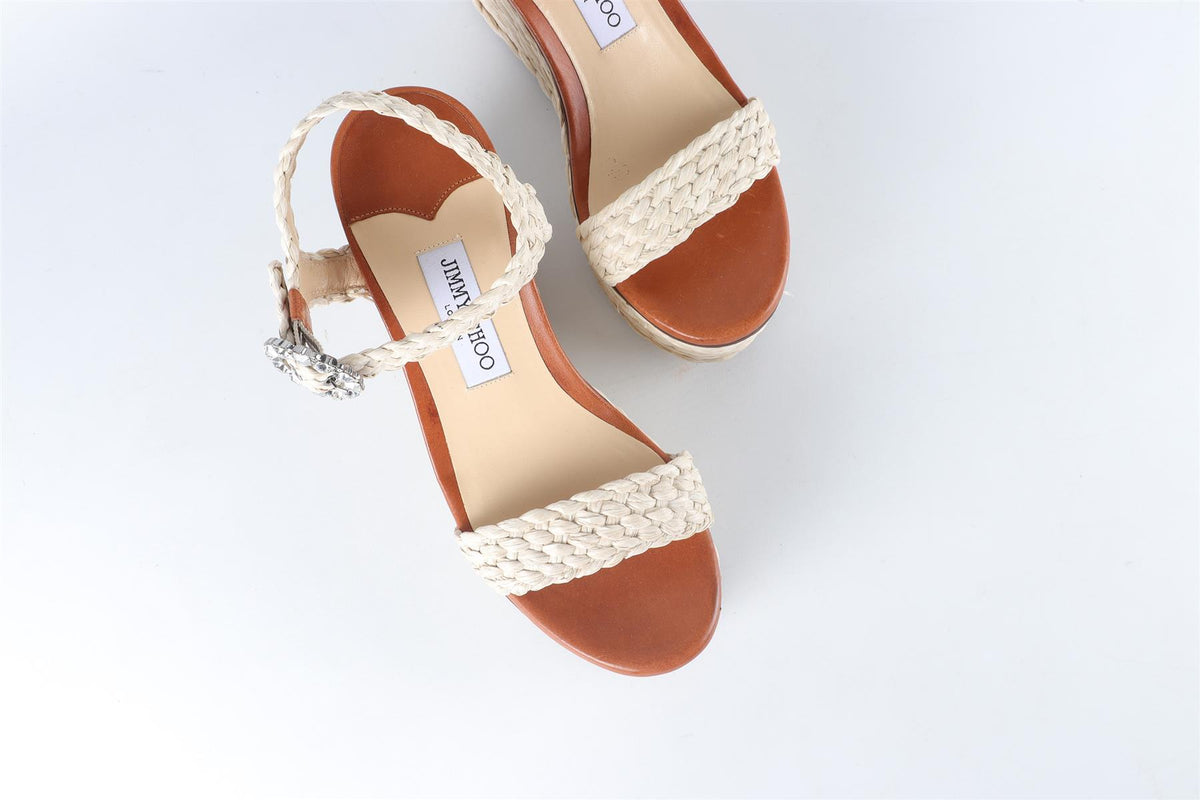 JIMMY CHOO BEIGE RAFFIA WEDGE SANDALS EU 38 UK 5 US 8
