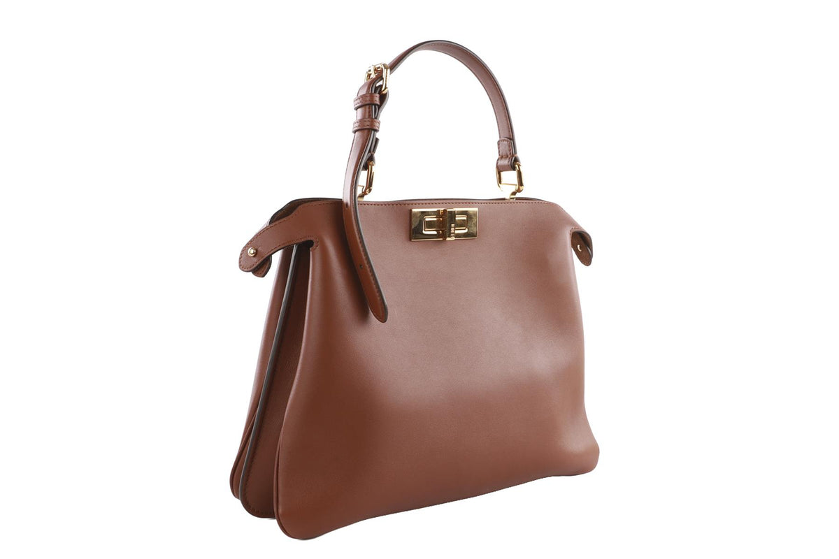 FENDI BROWN PEEKABOO SOFT MEDIUM LEATHER TOTE BAG