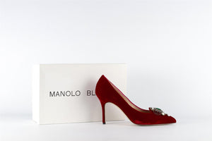 MANOLO BLAHNIK RED CRYSTAL AND VELVET PUMPS EU 38.5 UK 5.5 US 8.5