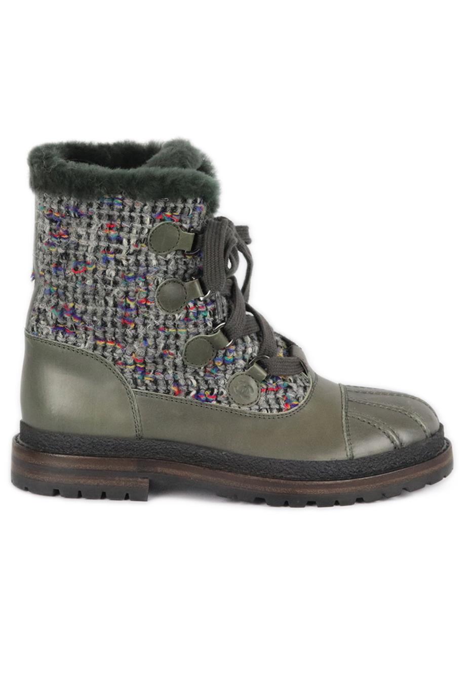 CHANEL 2016 SHEARLING LINED TWEED AND LEATHER ANKLE BOOTS EU 37.5 UK 4.5 US 7.5
