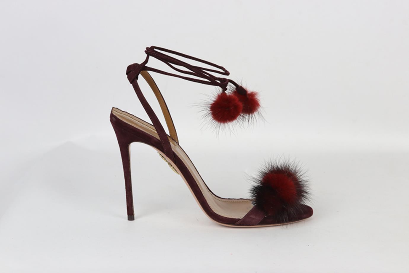 AQUAZZURA FUR TRIMMED SUEDE SANDALS EU 38.5 UK 5.5 US 8.5