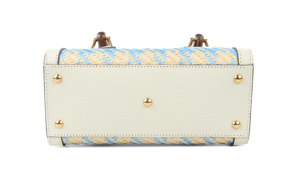 GUCCI BLUE DIANA MINI RAFFIA TOTE BAG