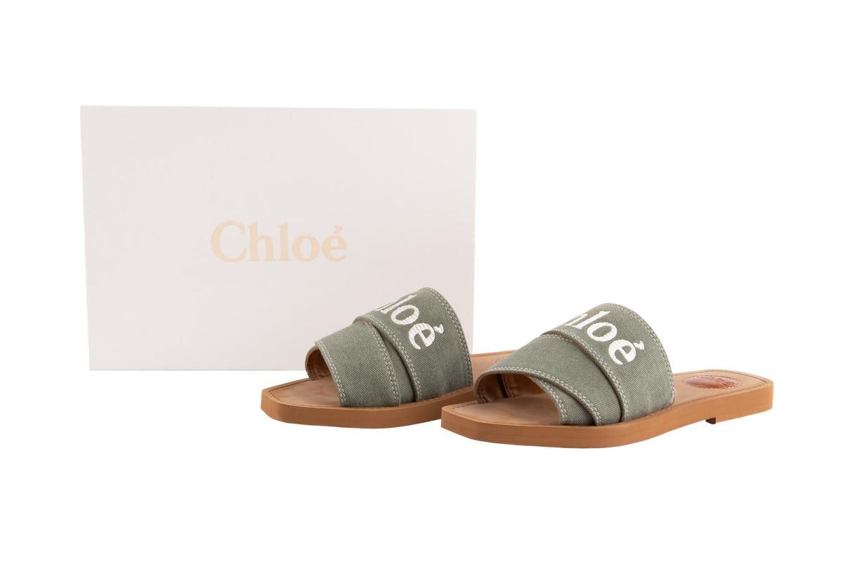 CHLOÉ GREEN WOODY CANVAS SANDALS EU 37
