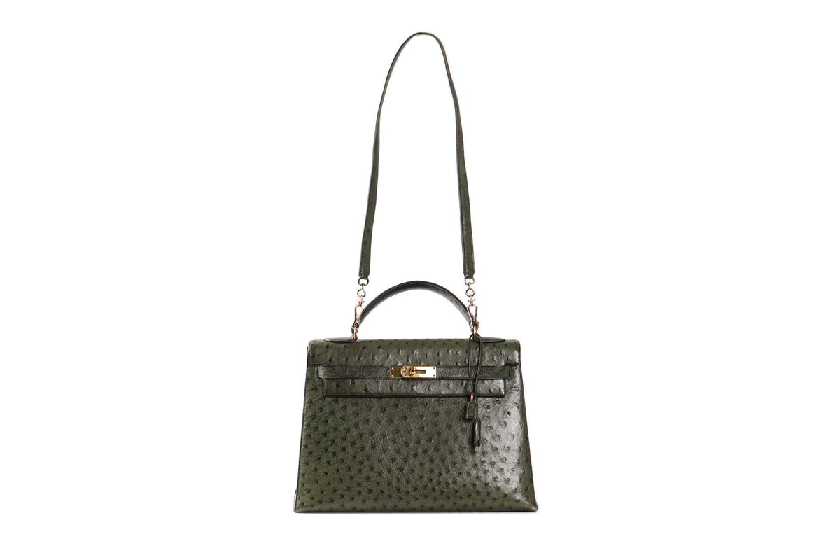 HERMÈS GREEN 1981 KELLY 32CM OSTRICH BAG IN VERT OLIVE