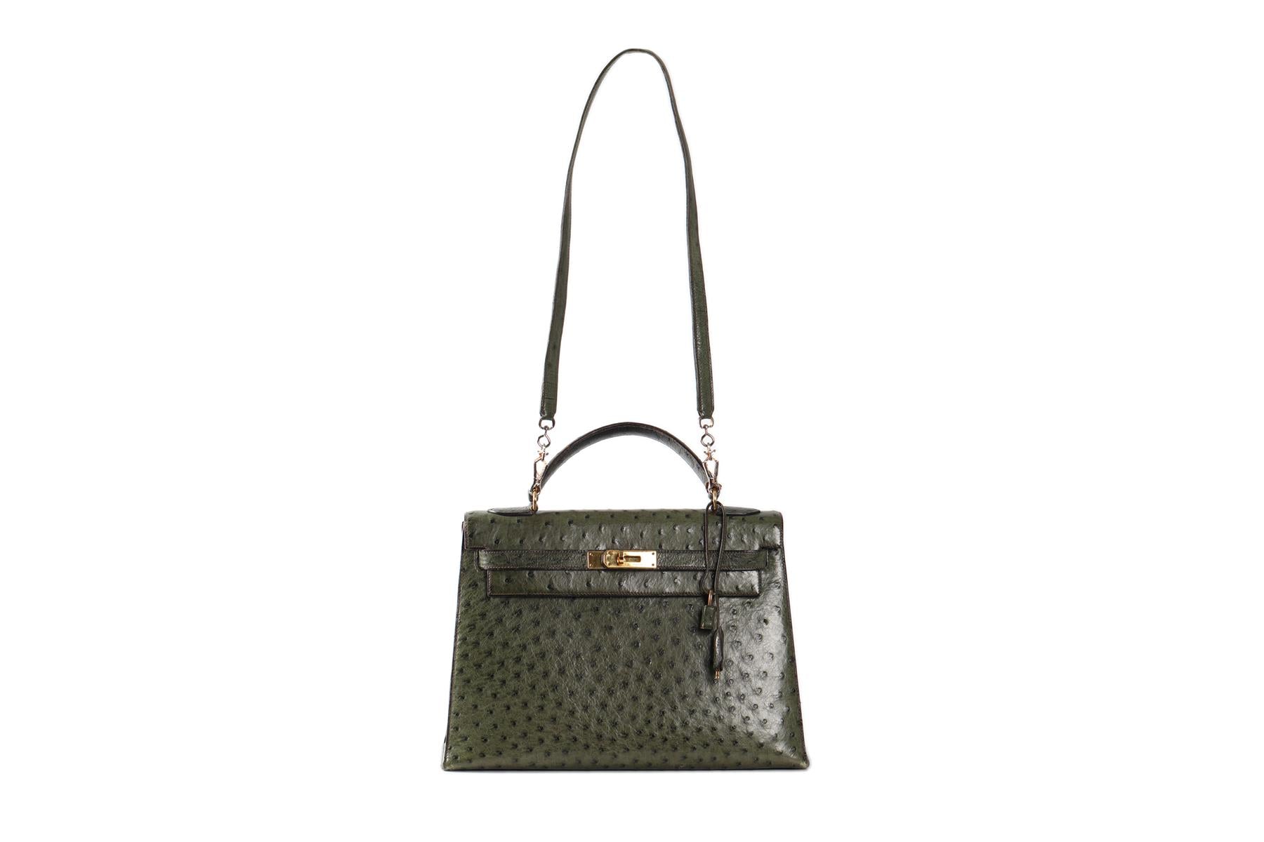 HERMÈS GREEN 1981 KELLY 32CM OSTRICH BAG IN VERT OLIVE