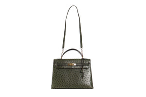 HERMÈS GREEN 1981 KELLY 32CM OSTRICH BAG IN VERT OLIVE