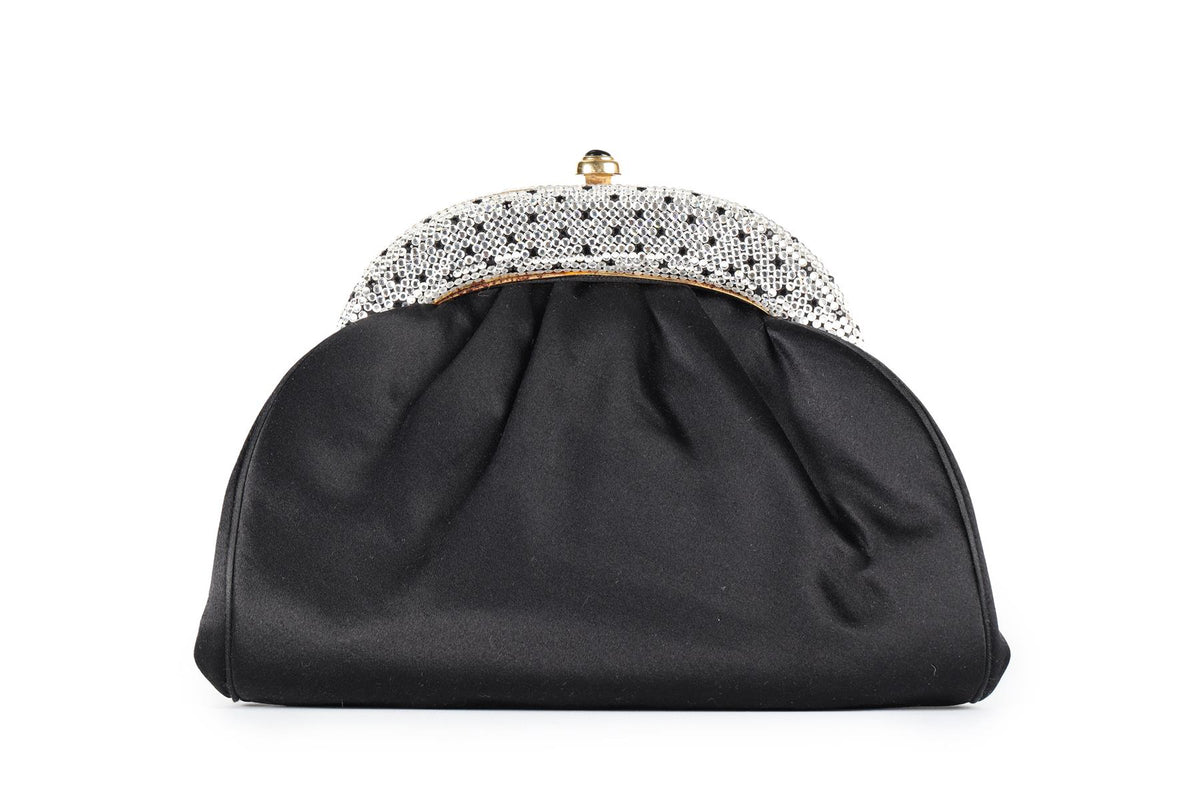 JUDITH LEIBER BLACK VINTAGE CRYSTAL AND SATIN CLUTCH