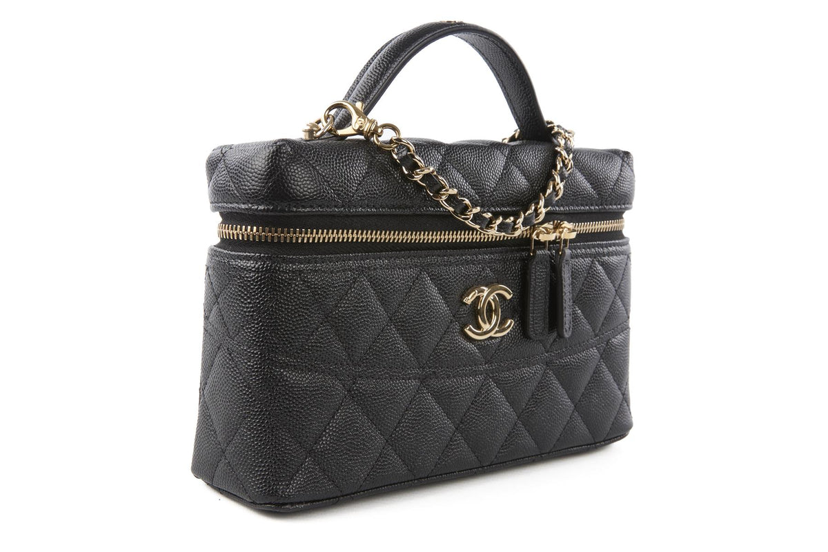 CHANEL BLACK 2025 VANITY CASE WITH CHAIN QUILTED CAVIAR LEATHER SHOULDER BAG
