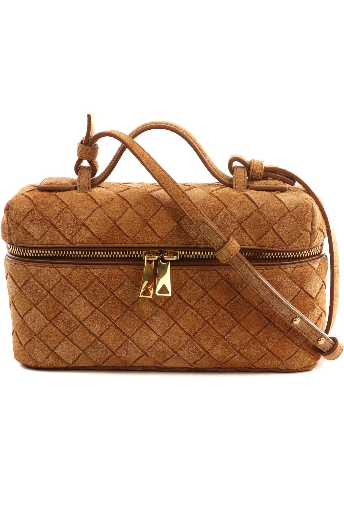 BOTTEGA VENETA TAN BANG BANG VANITY MINI INTRECCIATO SUEDE TOTE BAG