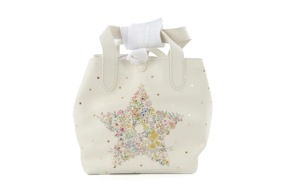 CHRISTIAN DIOR WHITE DIOR LUCKY SMALL TOUJOURS VERTICAL LEATHER TOTE BAG