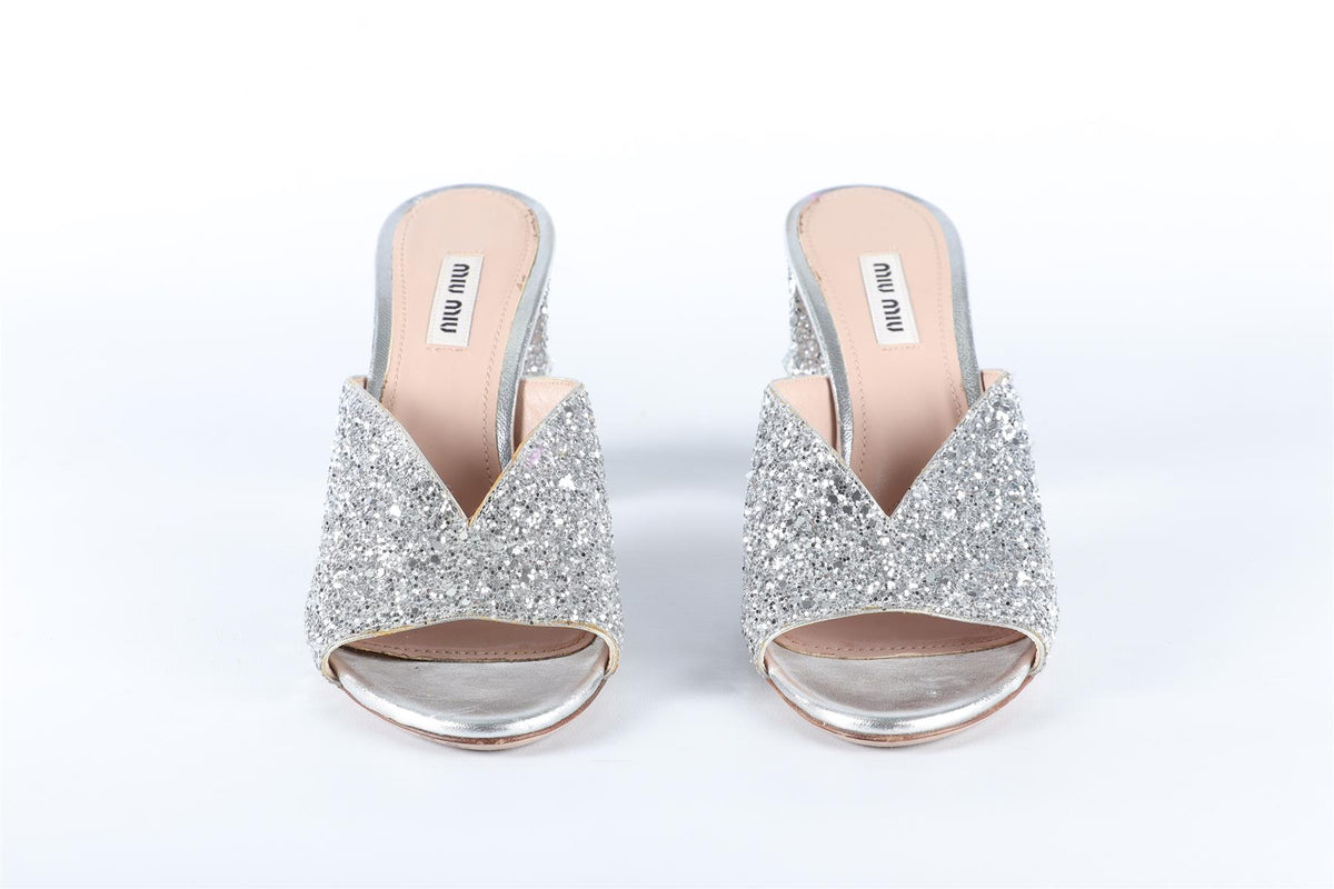 MIU MIU SILVER GLITTER MULES