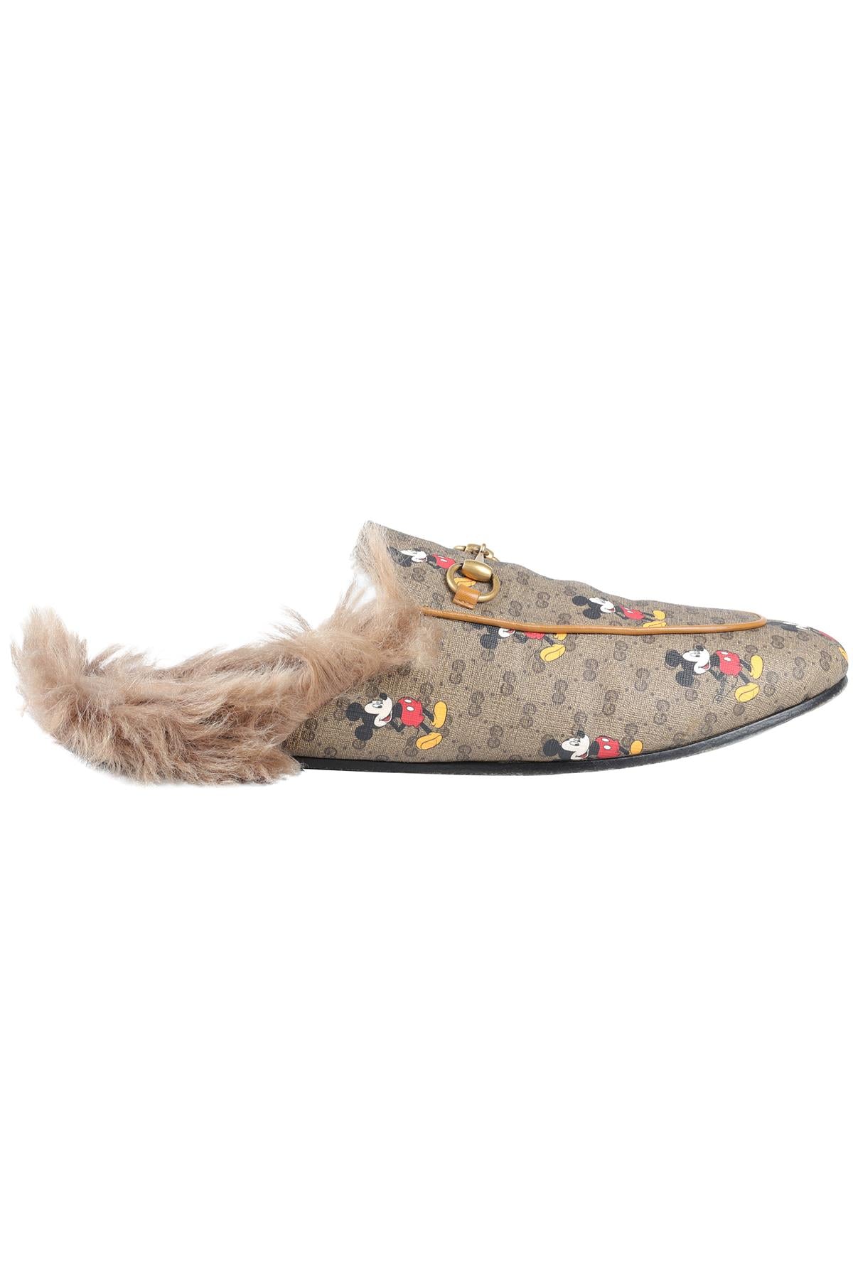 GUCCI + DISNEY BROWN PRINCETOWN CANVAS AND FAUX SHEARLING SLIPPERS EU 41 UK 8 US 11