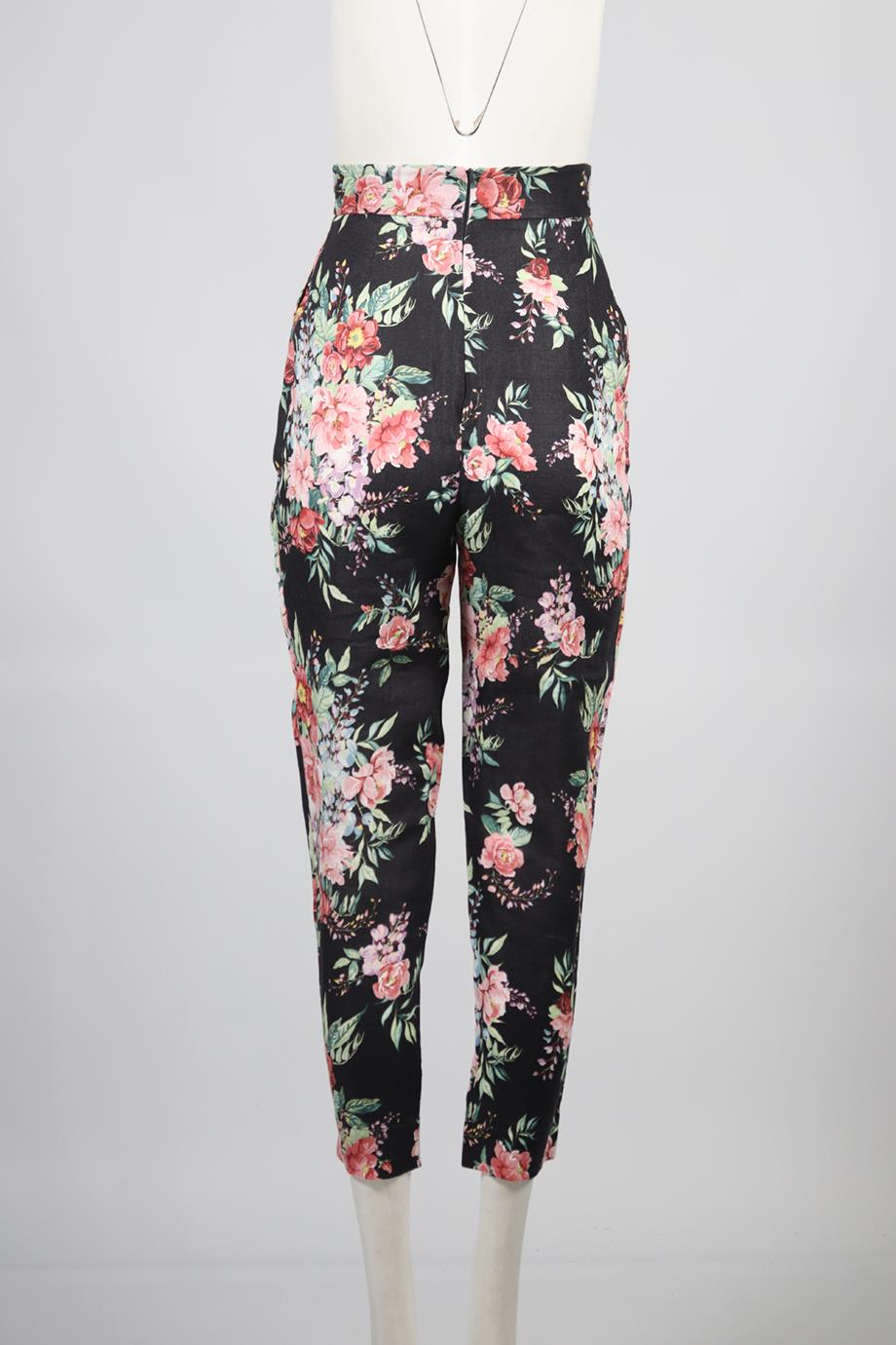 ZIMMERMANN FLORAL PRINT LINEN TAPERED PANTS UK 8