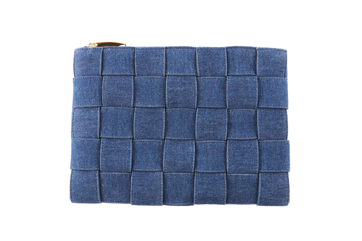BOTTEGA VENETA BLUE INTRECCIATO DENIM CLUTCH
