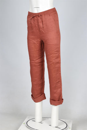 ASCENO TERRACOTTA LINEN STRAIGHT LEG PANTS XSMALL