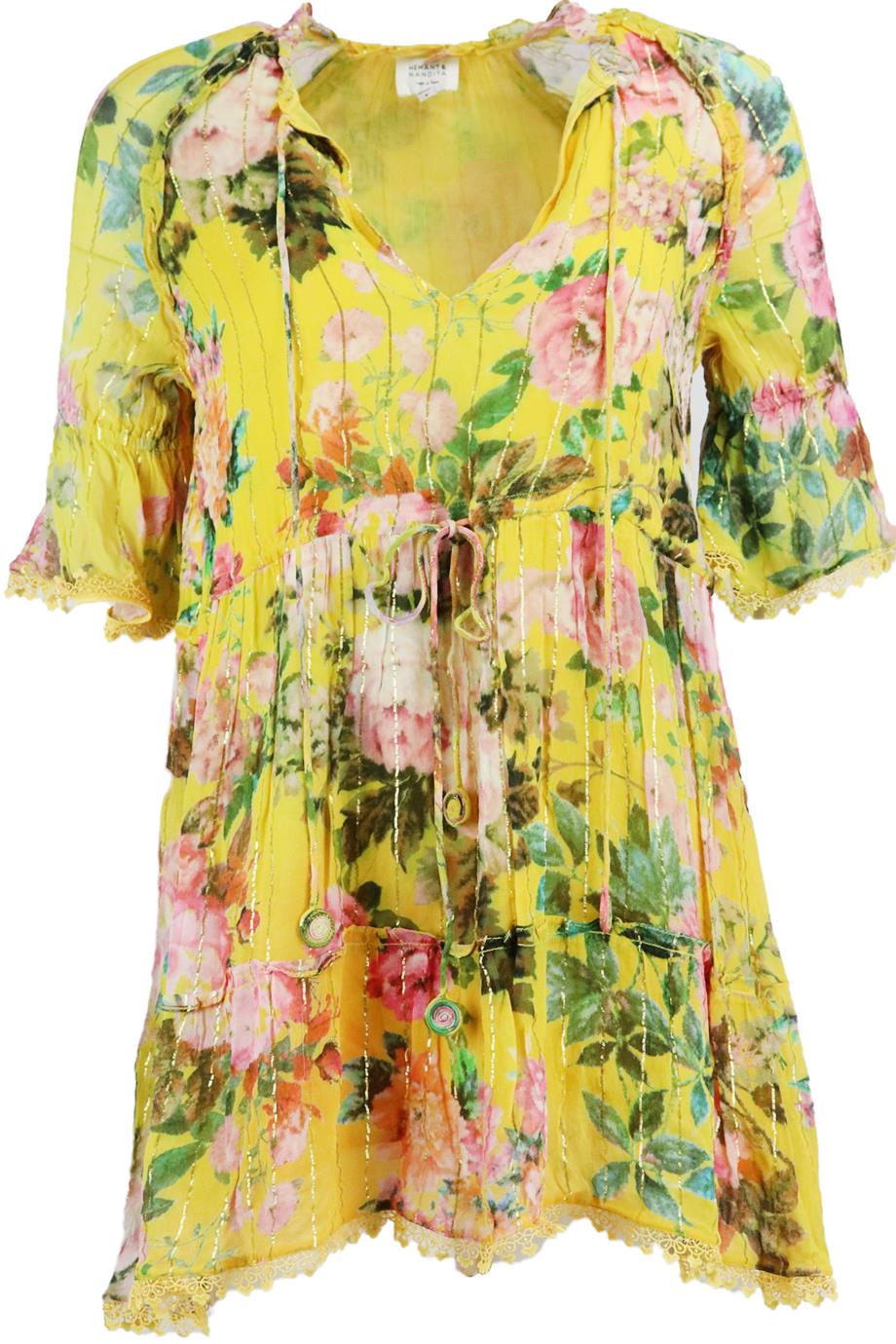 HEMANT AND NANDITA FLORAL PRINT COTTON VOILE MINI DRESS SMALL