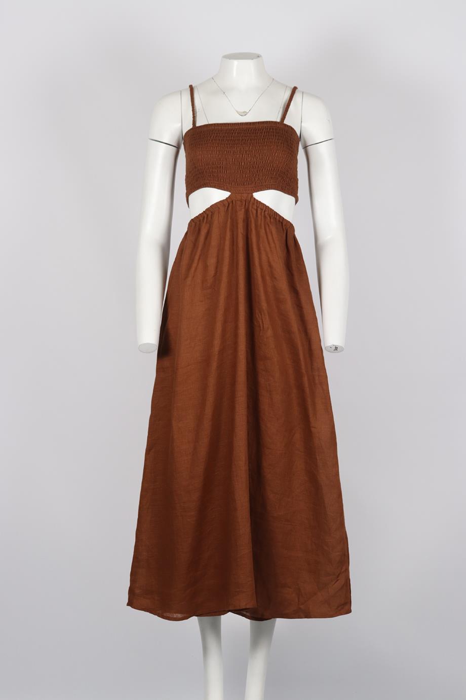 FAITHFUL THE BRAND SHIRRED CUTOUT LINEN MIDI DRESS XSMALL