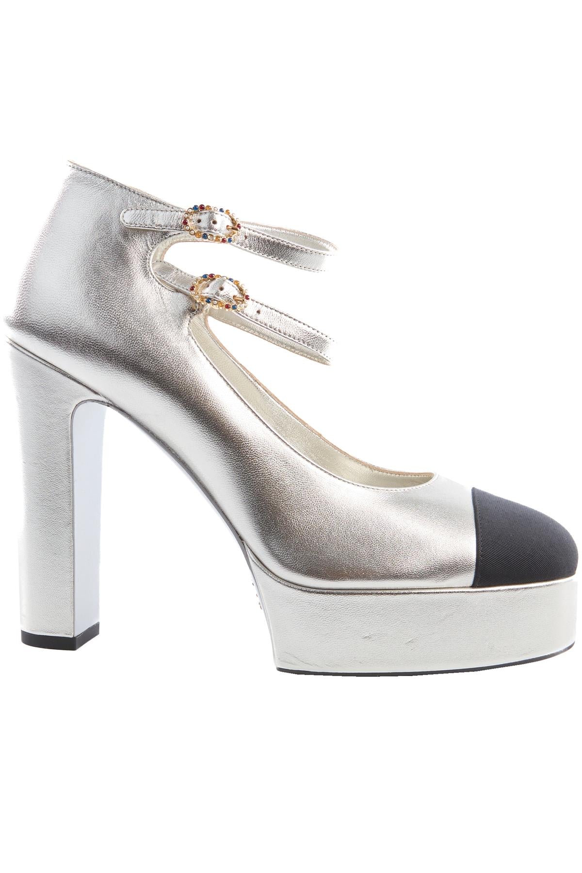 CHANEL SILVER 2025 LEATHER PLATFORM PUMPS EU 40.5 UK 7.5 US 10.5