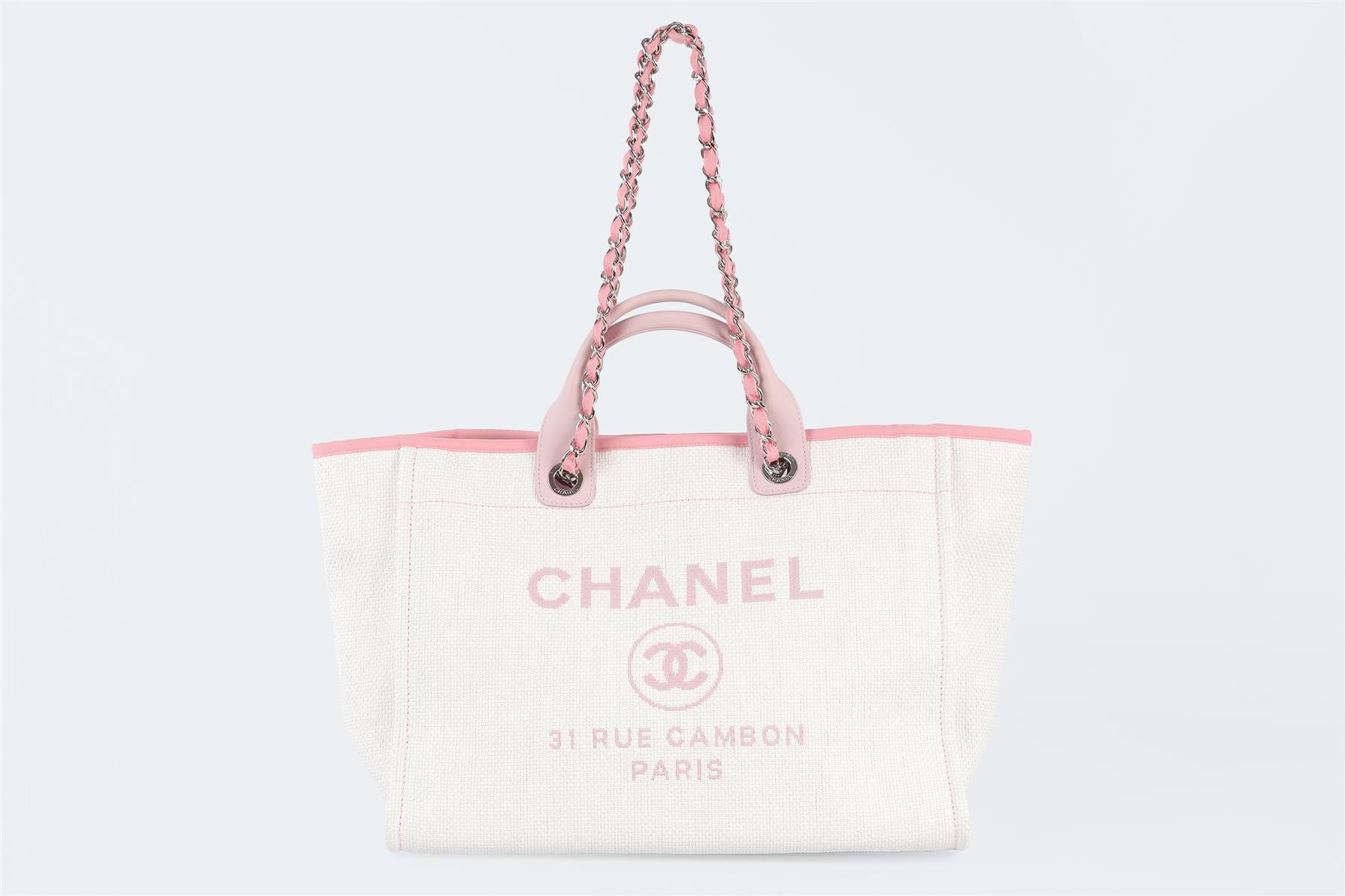 CHANEL WHITE 2015 - 2016 DEAUVILLE MEDIUM FABRIC TOTE BAG (COMES WITH AUTHENTICITY CARD)