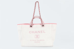 CHANEL WHITE 2015 - 2016 DEAUVILLE MEDIUM FABRIC TOTE BAG (COMES WITH AUTHENTICITY CARD)