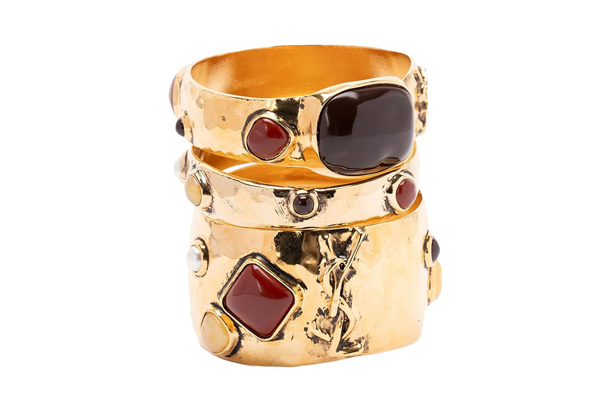 SAINT LAURENT MULTI CASSANDRE CABOCHON GOLD TONE SET OF THREE BANGLES