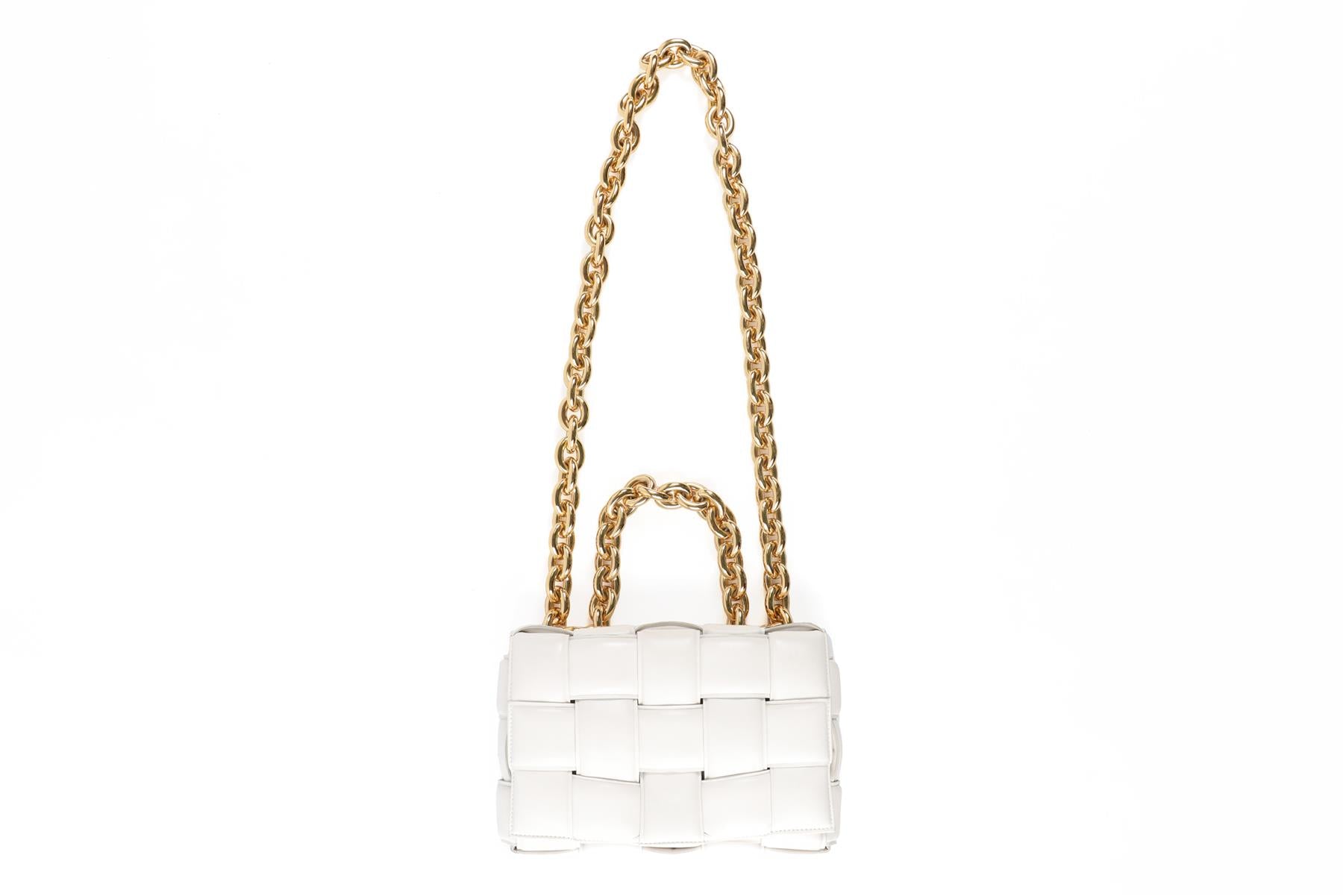 BOTTEGA VENETA WHITE THE CHAIN CASSETTE INTRECCIATO LEATHER SHOULDER BAG