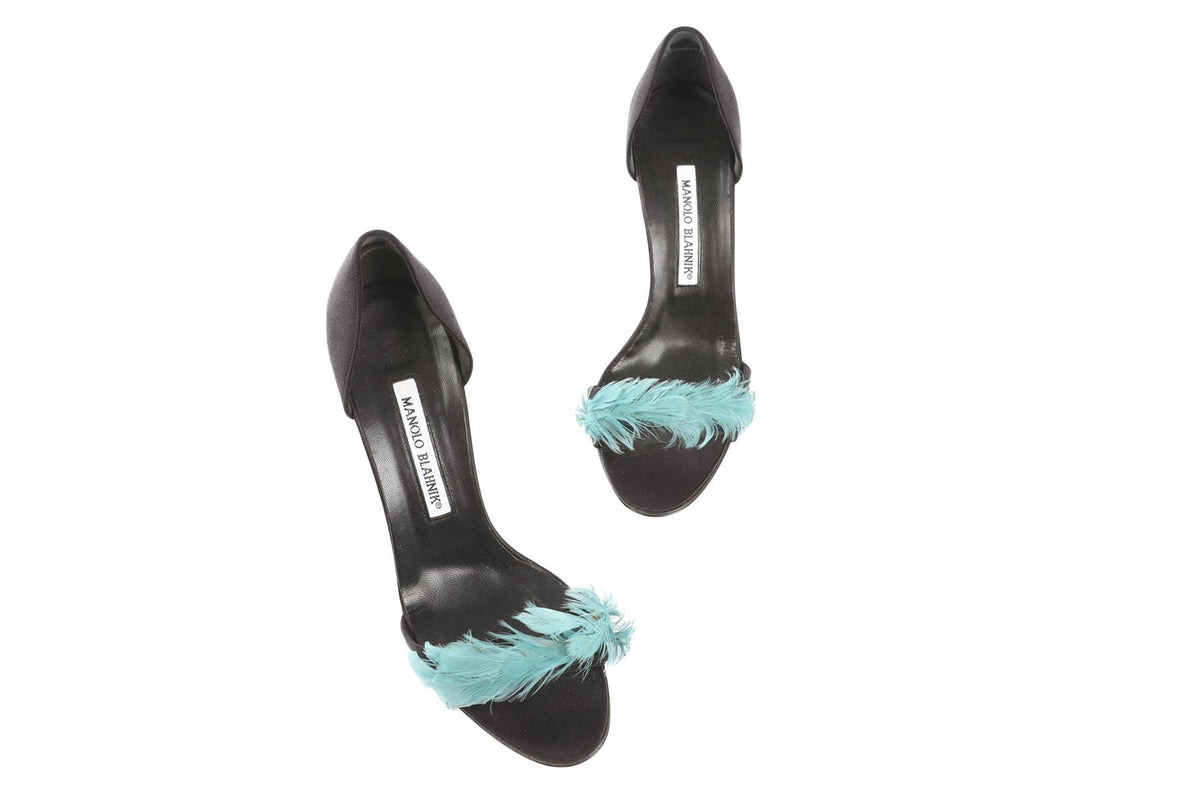 MANOLO BLAHNIK BLACK SATIN SANDALS EU 37 UK 4 US 7