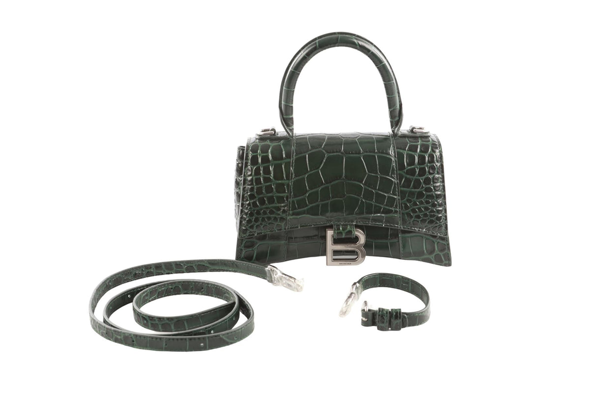 BALENCIAGA GREEN HOURGLASS XS LEATHER TOTE BAG