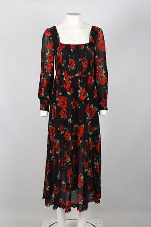 RIXO RED, BLACK AND GREEN FLORAL PRINT CREPE MIDI DRESS UK 12