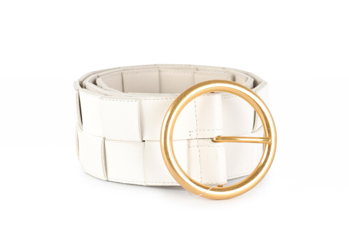 BOTTEGA VENETA WHITE INTRECCIATO LEATHER WAIST BELT 85 CM