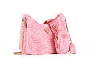 PRADA PINK RE-EDITION 2005 SMALL RAFFIA SHOULDER BAG